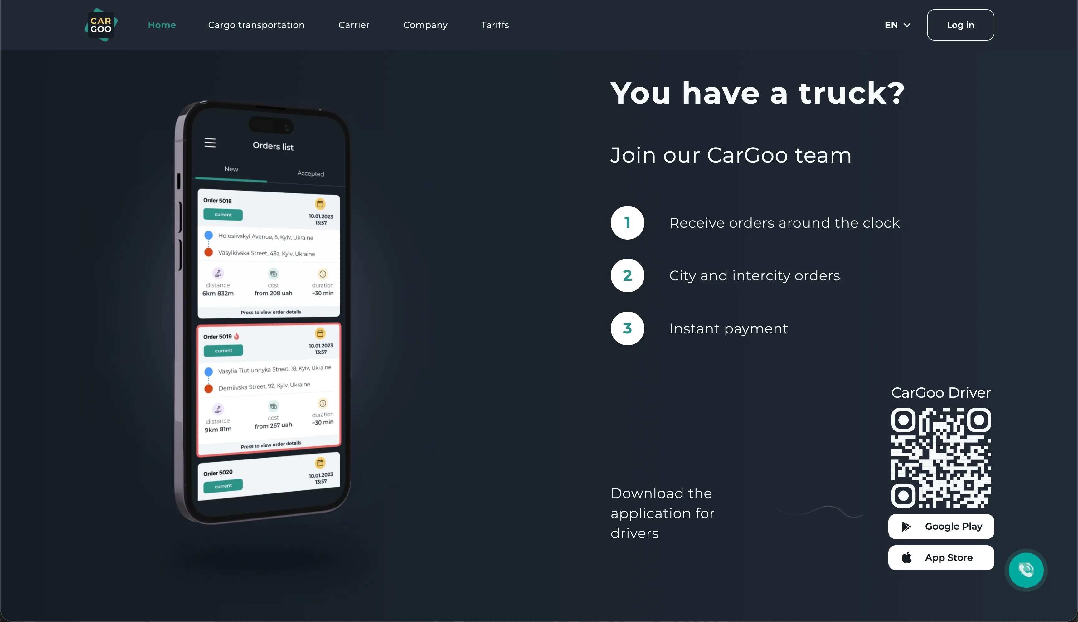 CarGoo cargo-taxi service — order intake and the CarGoo Driver app