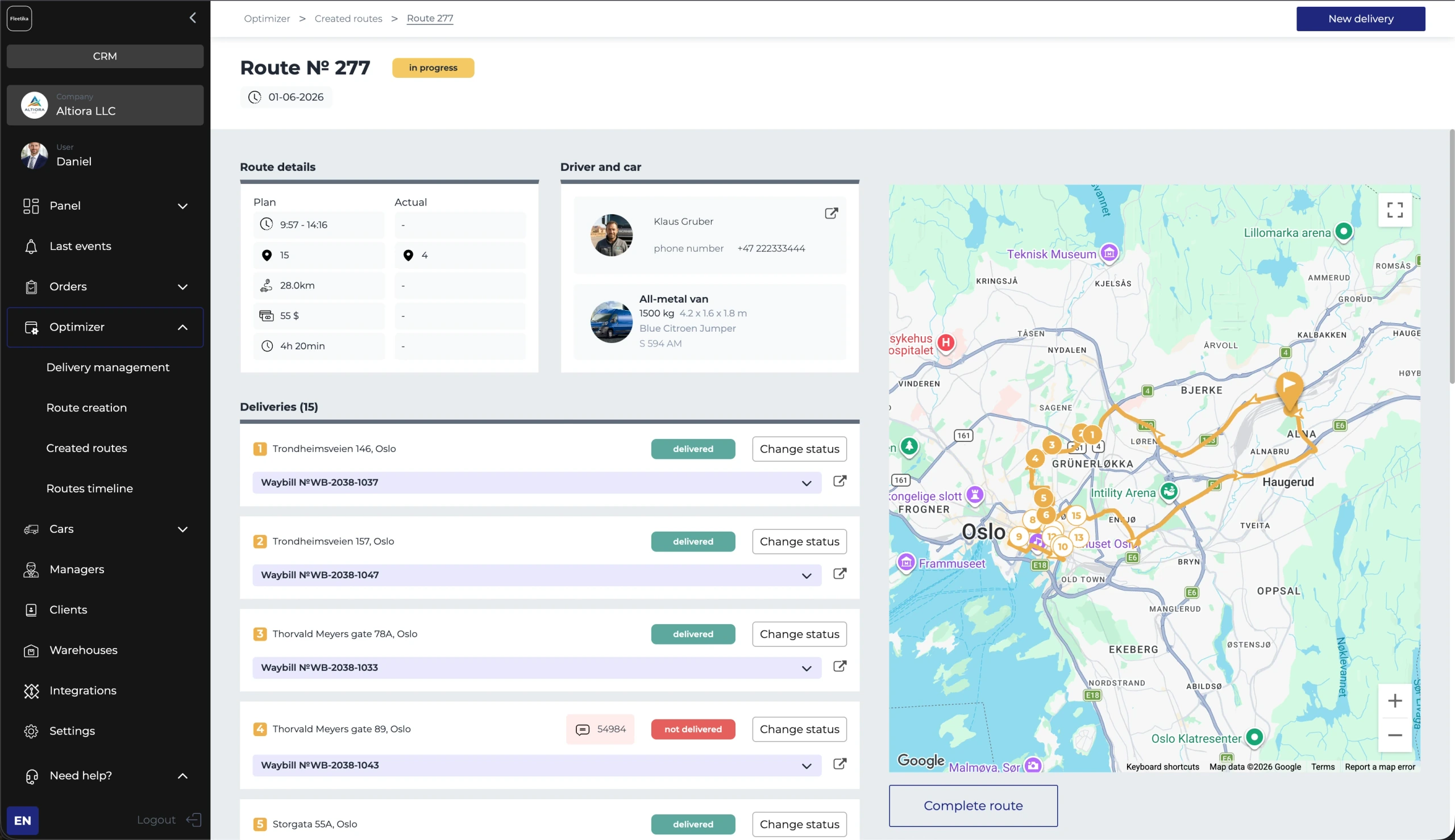 Fleetika — a route's stops, plan vs actual and assigned driver, with the live map