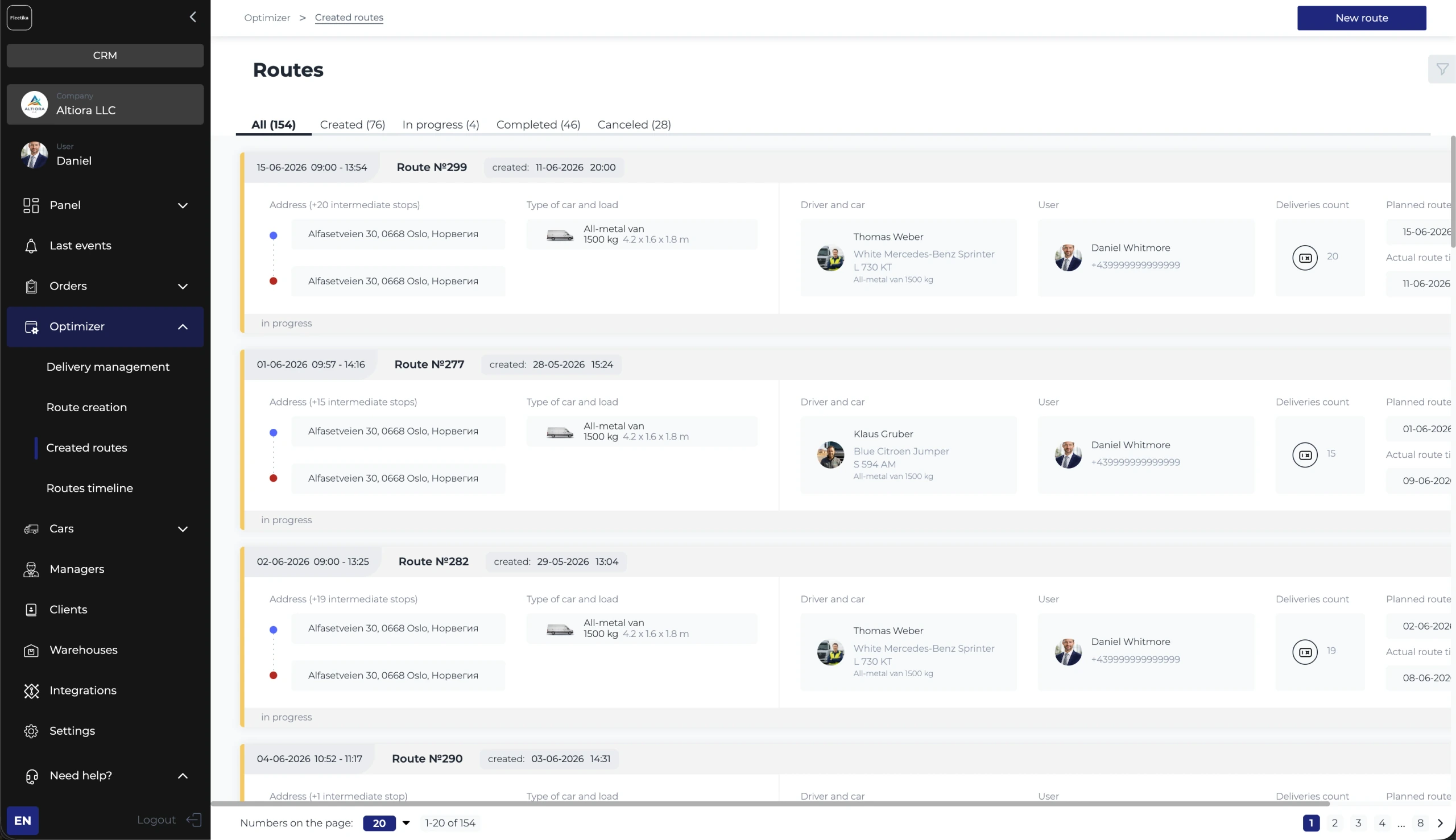 Fleetika — the day's optimized delivery routes in one dashboard