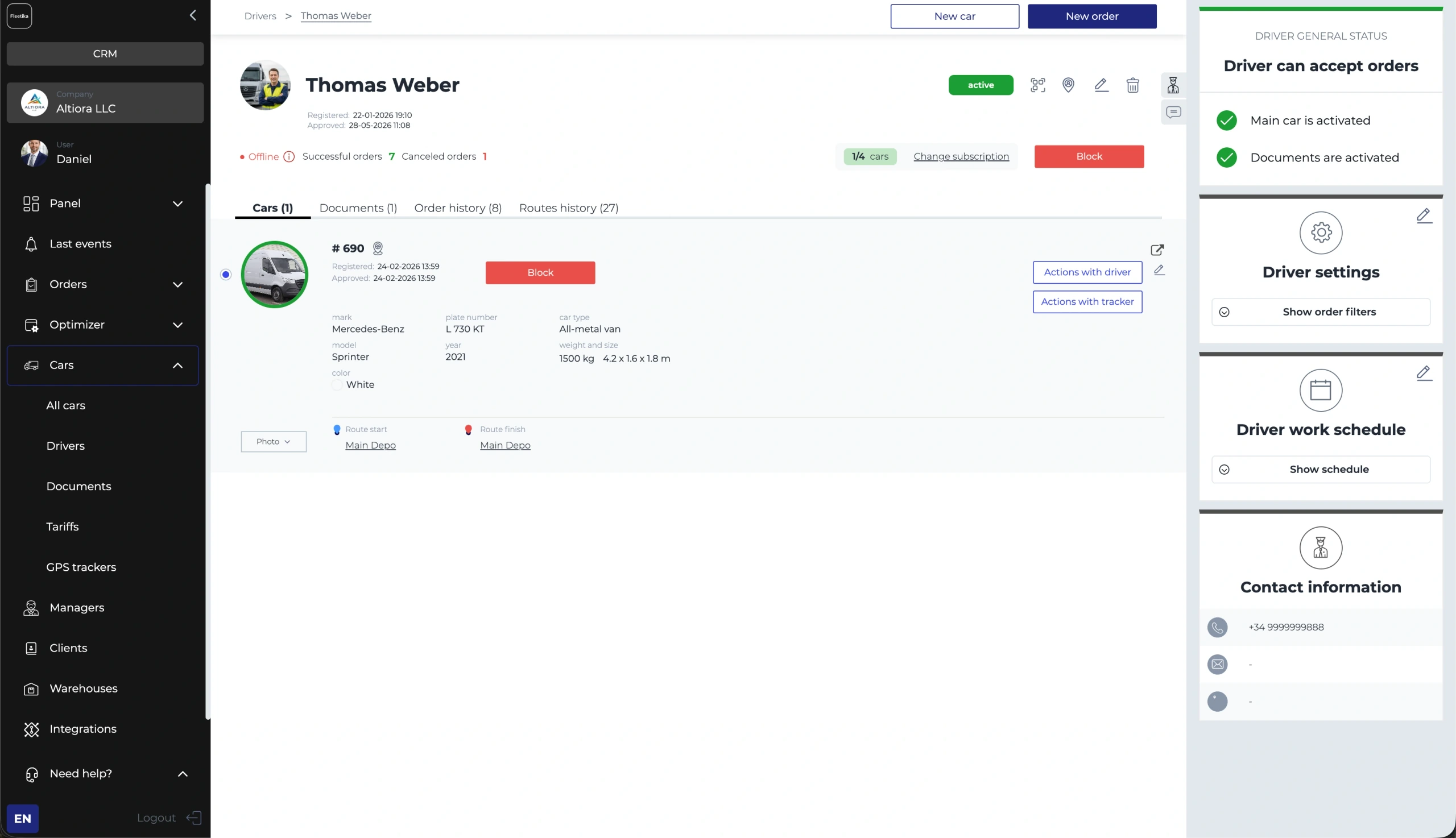 Fleetika F-Driver — a courier job card with route and customer details