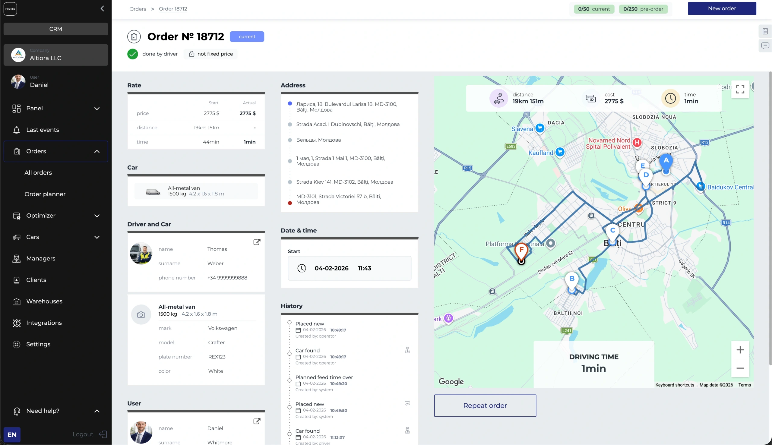 Fleetika carrier order — route, distance, cost and ETA on one screen