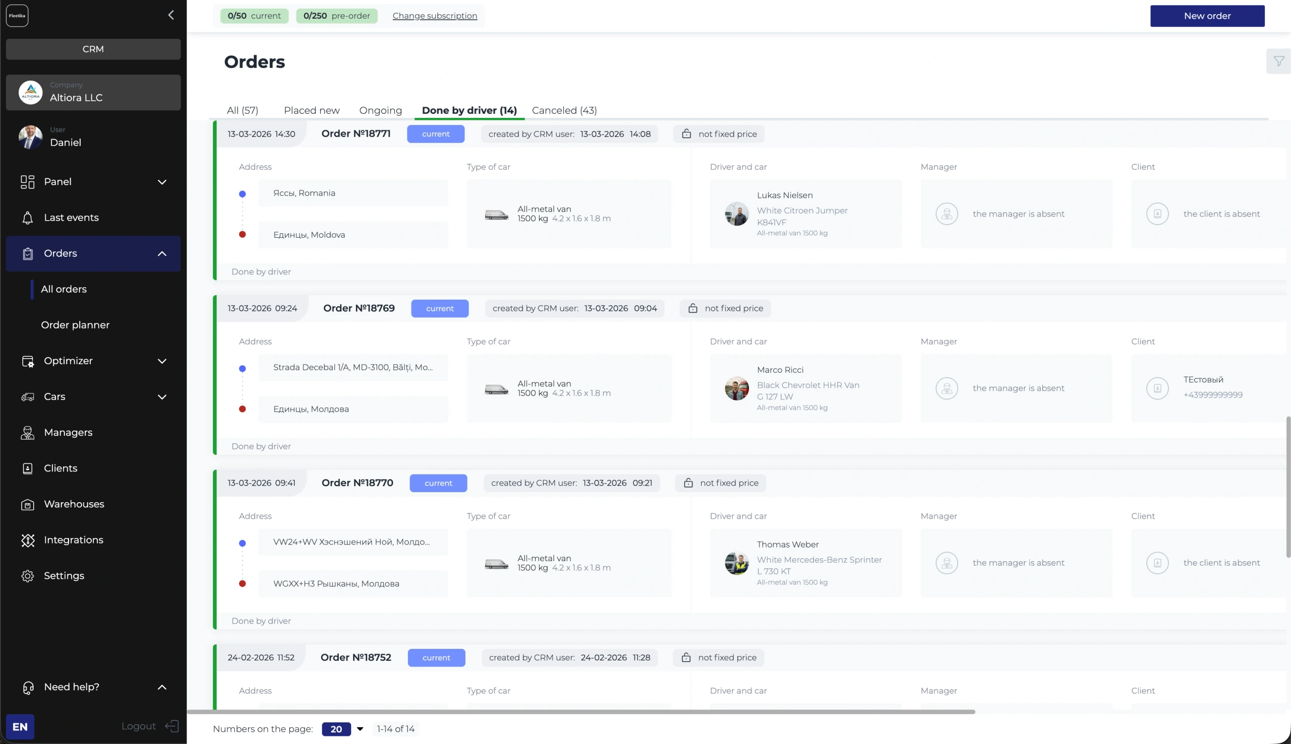 Fleetika carrier orders list — every job and its live status in one place