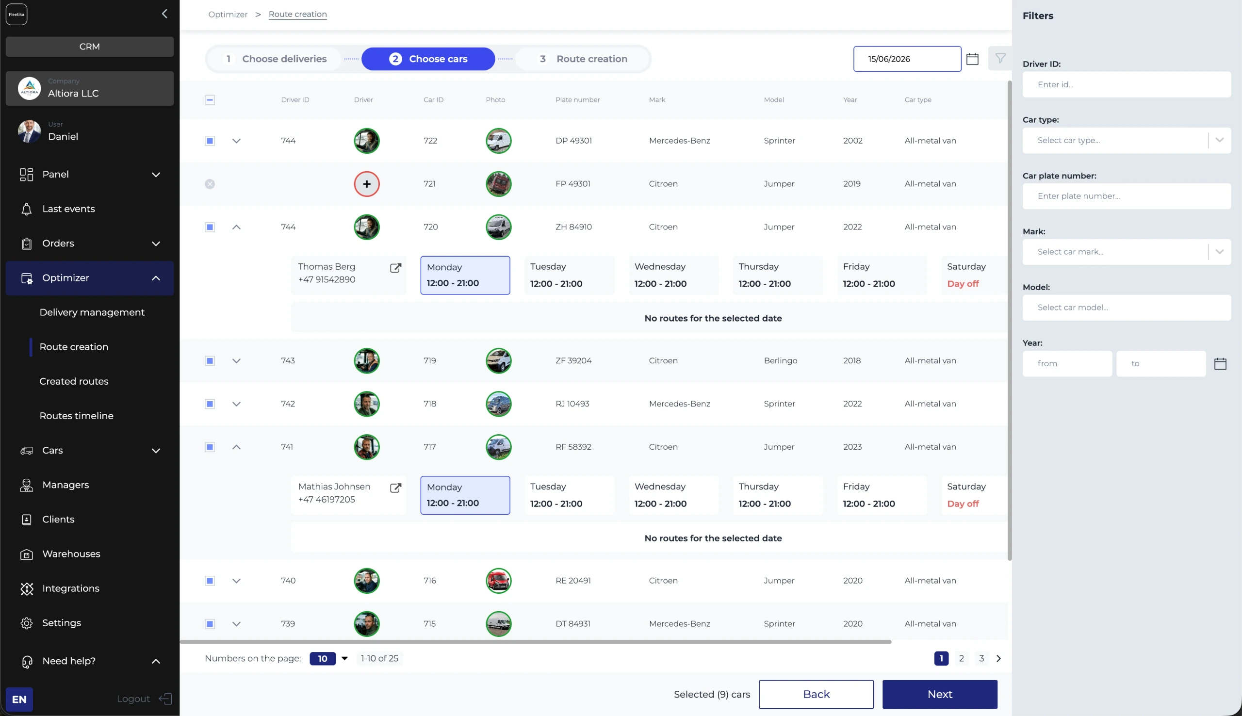 Fleetika — assigning vehicles and driver schedules to build the day's routes