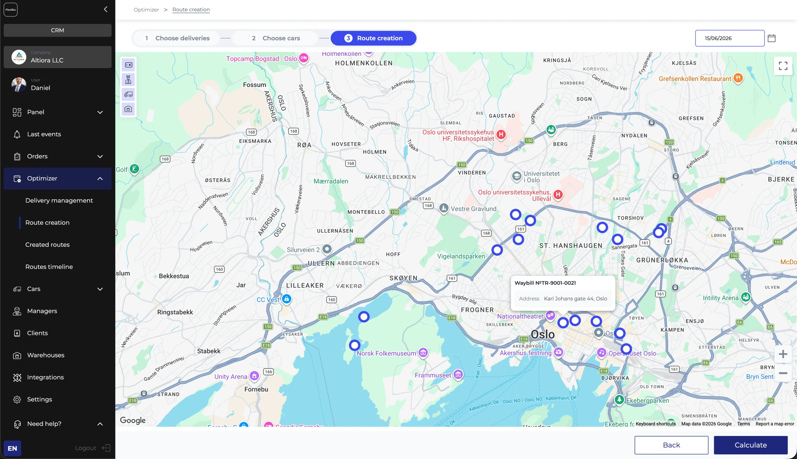 Fleetika — delivery stops sequenced across vehicles on the live map