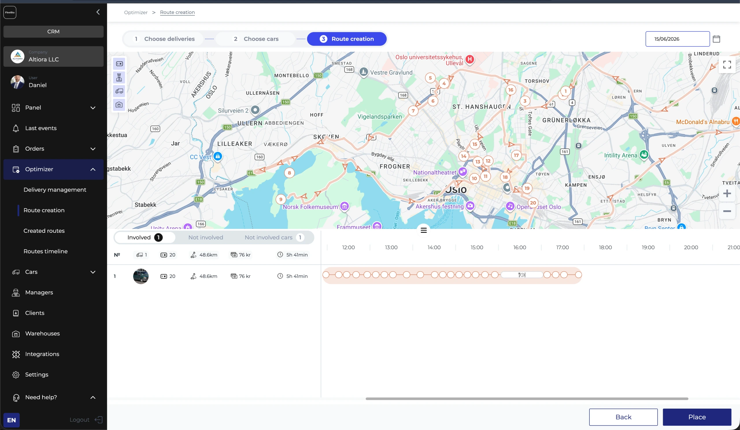 Fleetika route optimizer — an optimized multi-stop route drawn on the map