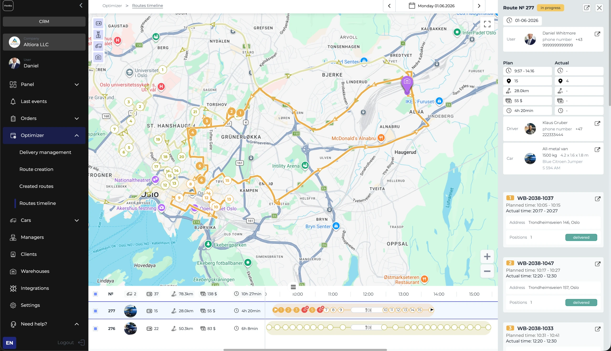 Fleetika — the day's routes laid out on a timeline